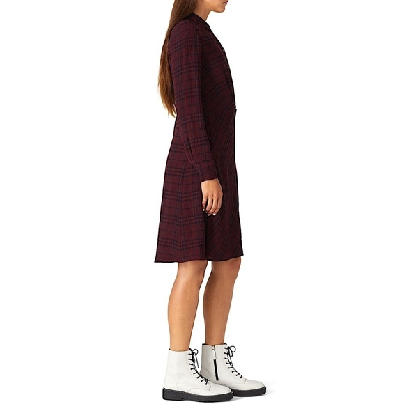THAKOON COLLECTIVE Crinkle Crepe Plaid Dark Academia ShirtDress Maroon Designer - Picture 6 of 14